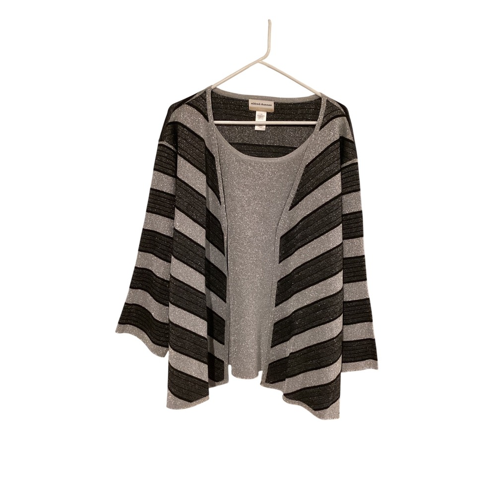 Alfred Dunner Classics 2-Piece Metallic Knit Cardigan Tank Set Silver Black 3X